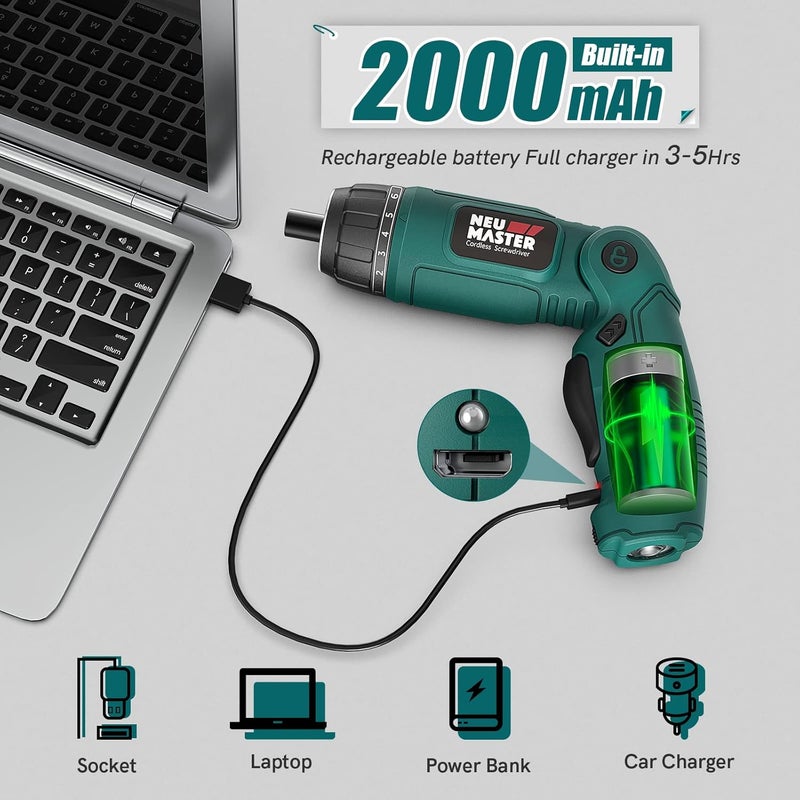 NEU MASTER Cordless Screwdriver, 4V Electric Screwdriver Rechargeable Power Screwdriver With Pivoting Handle, Front And Rear LED light, 32pcs Bits, 6+1 Torque Setting, 2000 mAh Battery Screwdriver - Image 5